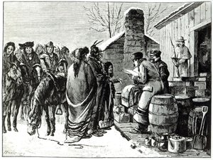 Reservationsindianer som får ransoner från regeringsagenter (gravyr) av Paul Frenzeny
