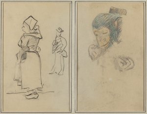En bretonsk kvinna och en stående man; Huvud och hand på en apa [recto] av Paul Gauguin
