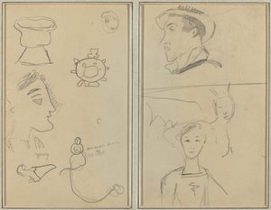 En karikatyr och fem former; En man i profil, en bevingad varelse och en pojke [verso] av Paul Gauguin