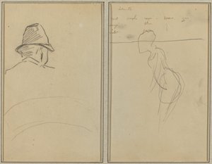 Ett huvud av människan med hatt, sedd bakifrån; En stående kvinna [recto] av Paul Gauguin