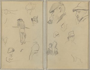 En man lutad mot en vägg med fem andra studier; Två skäggiga män som bär hattar och fem andra studier [recto] av Paul Gauguin