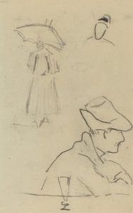 En person som håller ett paraply och en sittande man med en hatt och ett glas [verso] av Paul Gauguin