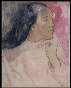 En tahitisk kvinna med en blomma i håret av Paul Gauguin