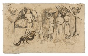 Ängel, påfågel och tre tahitier av Paul Gauguin