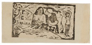 Byst av en naken kvinna och trekvartsfigur av en man med en vit mössa i profil, tredje liten figur längst till höger, huvudstycke för Le sourire av Paul Gauguin