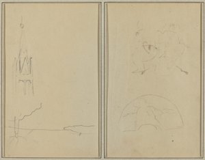 Kyrkans torn; En skiss av en fläkt [recto] av Paul Gauguin