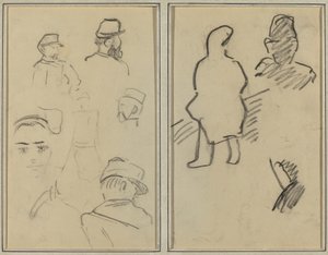 Fem studier av soldater och en kvinnas ansikte; Två figurer [recto] av Paul Gauguin