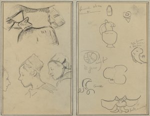 Fyra studier av bretonska kvinnor; Former och vaser [verso] av Paul Gauguin