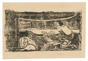 Interiör av en Tahitian Hut, från Suite of Late Wood-block Prints av Paul Gauguin