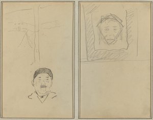 Landskap och Människans huvud; Head of Monkey Inside a Square [recto] av Paul Gauguin