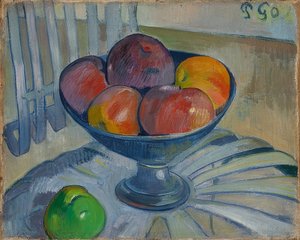 Skål med frukt på en trädgårdsstol. Omkring 1890 av Paul Gauguin