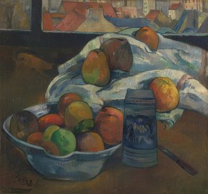 Fruktskål och kanna framför ett fönster. Troligen 1890 av Paul Gauguin