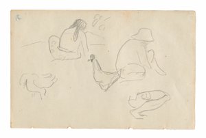 Skisser av sittande figurer och kycklingar (recto), naken kvinnlig torso (relaterad till målningen Te a no areois [Areois frö]) (verso), från Carnet de Tahiti (tahitisk skissbok) av Paul Gauguin