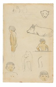 Skisser över stående figurer och djur av Paul Gauguin