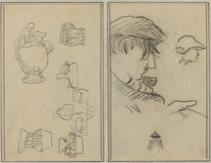 Studier av kannor och vaser; En man med mustasch och en pojke med hatt [recto] av Paul Gauguin