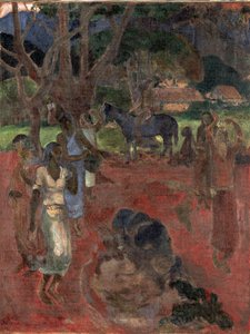 Tahitiskt landskap med nio figurer. av Paul Gauguin