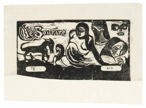 Tre personer, en mask, en räv och en fågel, headpiece för Le sourire av Paul Gauguin