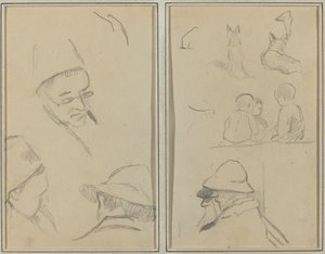 Tre studier av mäns huvuden, en med glasögon; Hundar, barn och två skäggiga män i profil [verso] av Paul Gauguin