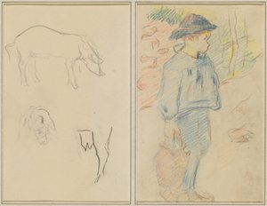 Tre studier av en gris; Breton pojke går med en kanna [recto] av Paul Gauguin