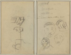Två figurer och en bänk; Tre studier av mäns huvuden och en hand [recto] av Paul Gauguin