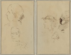 Två huvudstudier och en hukande naken kvinna; Två kvinnors huvuden och ett barns huvud [recto] av Paul Gauguin