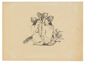Två maorikvinnor som sitter på huk av Paul Gauguin