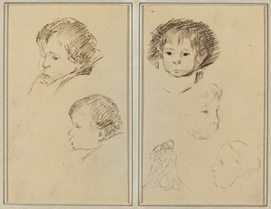 Två studier av ett barns huvud; Två studier av ett barns huvud, en kvinna i profil och en man som brottas med ett djur [recto] av Paul Gauguin