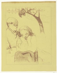 Ledsen kvinna sitter med en man Mänskligt lidande Miseres humaines av Paul Gauguin