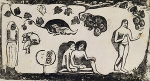 Kvinnor, djur och lövverk; Kvinnor, djur och löv, 1895-1903 av Paul Gauguin
