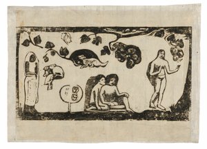 Kvinnor, djur och lövverk, från sviten med sena träblocksgrafiker av Paul Gauguin