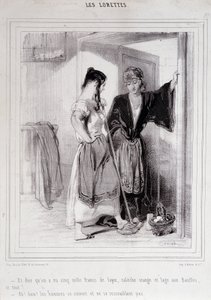 2 stackars kvinnor i samtal på trappan om män, "Les Lorettes", Gavarni, ca. 1840. av Paul Gavarni