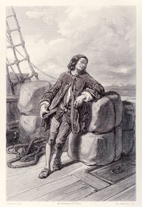 Kapten Lemuel Gulliver till sjöss på sitt handelsfartyg, från French Edition av Gullivers Travels av Jonathan Swift av Paul Gavarni