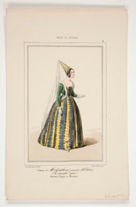 Kostym av Mme Gondelaurier, spelad av Mme Dabadier. av Paul Gavarni