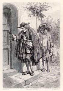 Gulliver kommer hem klockan tre på eftermiddagen och går in i huset, från French Edition av Gullivers Travels av Jonathan Swift av Paul Gavarni