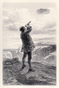 Gulliver ser den flygande ön Laputa för första gången och undersöker den genom sitt teleskop, från French Edition av Gullivers Travels av Jonathan Swift
