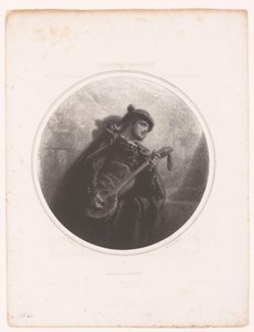 Man med banjo sjunger och spelar en serenad Serenade Espagnole (titel på objekt) Illustrationer till låtarna av Jeanne Gavarni (serietitel) Illustrations des Mélodies de Madame Jeanne Gavarni (serietitel) av Paul Gavarni