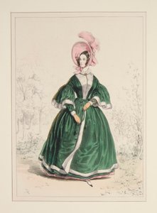 Pelisse i grosgrain tyg, fodrad med satin och kantad med crebe. Plysch mössa. av Paul Gavarni