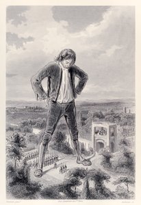 Den Lilliputiska armén marscherar mellan benen på Gulliver, från den franska upplagan av Gullivers Travels av Jonathan Swift av Paul Gavarni