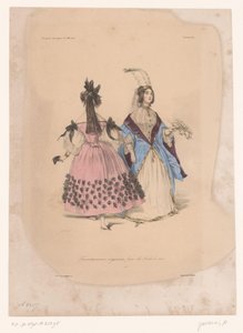 Två kvinnor i balklänningar Transvestissemens originaux pour les Bals de 1834 (titel på objekt) Fantasifulla kläder (serietitel) Fantaisies (serietitel på objekt) av Paul Gavarni