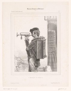 Säljare av kranar spelar trumpet Le marchand de robinets (titel på objekt) Komedimusiker (serietitel) Musiciens Comiques ou Pittoresques (serietitel på objekt) av Paul Gavarni