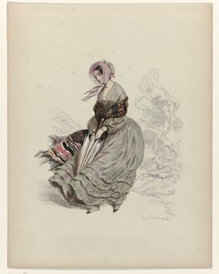 Kvinna som går i vinden med parasoll, 1840 av Paul Gavarni