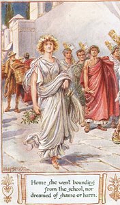 Hem gick hon, på väg från skolan eller drömde om skam eller skada, illustration från "The Lays of Ancient Rome", av Thomas Babington Macaulay av Paul Hardy