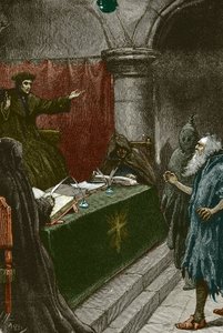Inkvisition och utvisning av Spaniens judar: en spansk jude före storinkvisitorn runt 1492 vid tidpunkten för publiceringen av Alhambradekretet - Illustration av Paul Hardy 1891 spansk jude före storinkvisitorn