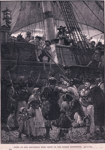 Scen för avgången från Leith av Darien-expeditionen AD 1698 (litho) av Paul Hardy