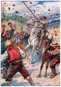 De kastade Don Quixote med en dusch av stenar, illustration från "The Adventures of Don Quixote", publicerad av G. Bell & Sons, Ltd. av Paul Hardy