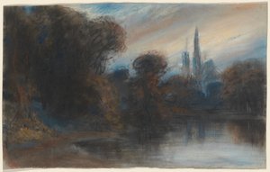 Ett kloster vid en trädbevuxen sjö i skymningen