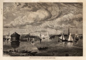 Ingången till New Yorks hamn, teckning av Paul Huet (1803-1869), för att illustrera resorna till Nordamerika 1854-1855, av L. Deville. Gravyr i ”” Le tour du monde”” 1861. Selvas samling. av Paul Huet