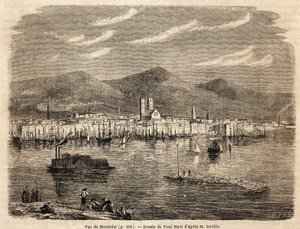Vy över Montreal, teckning av Paul Huet (1803-1869), för att illustrera resorna till Nordamerika 1854-1855, av L. Deville. Gravyr i ”” Le tour du monde”” 1861. Selvas samling. av Paul Huet