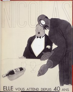 Hon har väntat på dig i 40 år. Servitören på en restaurang tilltalar en kund genom att designa en flaska vin. - reklam för Nicolas, teckning av Paul Iribe (1883-1935) av Paul Iribe