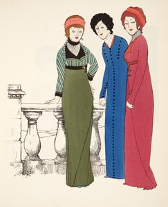 Three Empire Line Evening Coats från puben Les Robes de Paul Poiret. 1908 (stenciltryck)